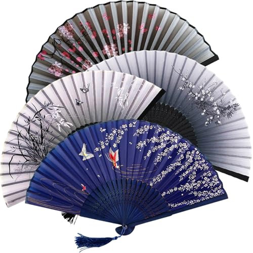 4 Stück Faltbare Fächer Handfächer, Taschenfächer Faltfächer, Set Handfächer aus Holz, Chinesische Handfächer für Hochzeit Sommer Party, Wand Dekoration, Kostümzubehör
