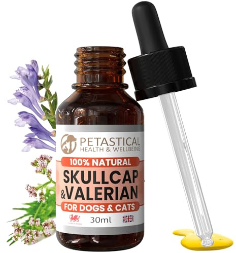 Petastical Skullcap Valériane, Chat Chien Calmant, Gouttes Calmantes Anxiété, Seul à la maison, aboiements, Bruits Forts, Feux d'artifice, Voyage (30ml)