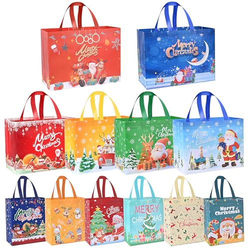 RICEDUO 12 Pack Christmas Tote Bags Assorted Sizes, Reusable Xmas Gift Bags Includes 2 Extra Large, 4 Large, 6 Small, Non-Woven Shooping Bags for Christmas Party Favors, Gift Exchange