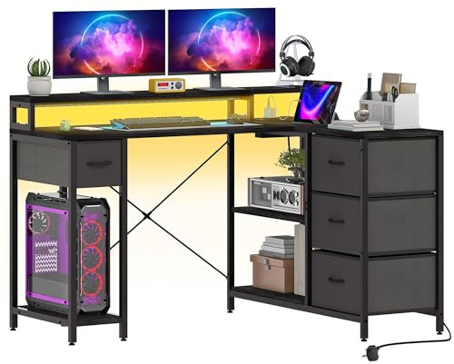 DWVO Schreibtisch L Form, 140x100x85cm Eckschreibtisch Reversibel mit 4 Schubladen&Monitorablage, Tisch L Form mit 2 USB-Ladeanschluss&2 Steckdose für Homeoffice, Braun Schwarz Weiß (Schwarz)