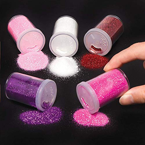 Baker Ross Barattoli glitter rossi, rosa e viola (confezione da 5) - Decorazioni creative per bambini a tema San Valentino