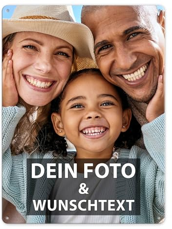Tassendruck Blech-Schild mit Foto und Text selbst gestalten/Personalisierbar mit eigenem Bild als Metall-Poster / A3 (30x40cm) im Hochformat/Weiss