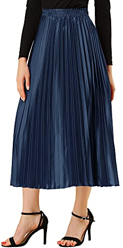 Allegra K Damen Party Elastische Taille Metallic Glänzend Akkordeon Plissee Midi Rock, Dunkelblau, Groß