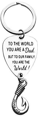 Dad Gifts from Daughter Son Fishing Hook Lure Keyring Dad Keychain Father Fishhook Keyring To our Family You Are the World Key Chain Fathers Day Gift Christmas Birthday Gift for Dad Father Grandpa