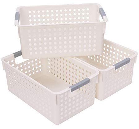 JAKAGO Medium Plastic Storage Baskets Kitchen Cupboards Organiser Storage Baskets for Shelves -Set of 3(White, M)