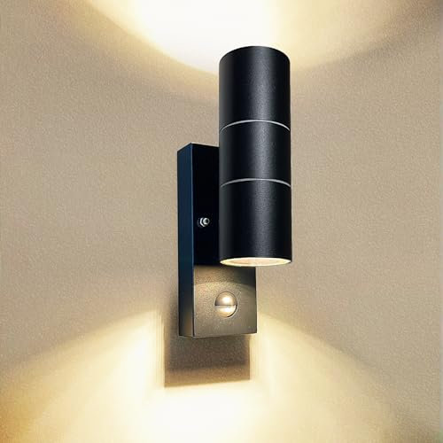 Wondlumi Outdoor Wall Lights PIR Motion Sensor Outside Light Mains Powered Wall Lamp IP44 Security Lighting Black, Incl. 2X 5W GU10 LED Bulbs Warm White