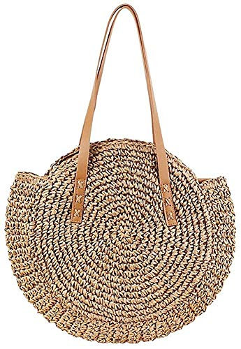 Sac en Rotin Sac de Plage Paille Femmes Ronde Osier Fille Sacs Portés épaule Tissé Rotin Sac à Bandoulière de Voyage (Marron)