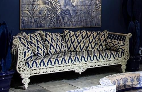 Casa Padrino Luxus Barock Sofa Weiß/Blau/Gold 212 x 87 x H. 77 cm - Handgeschmiedetes Schmiedeeisen Sofa mit Kissen - Wohnzimmer Sofa - Garten Sofa - Terrassen Sofa - Barock Möbel