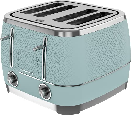 Beko Cosmopolis Toaster TAM8402T, Retro Duck Egg Teal Design , Extra Wide Slot 4-Slice Toaster, Includes Defrost, Reheat & Cancel Functions