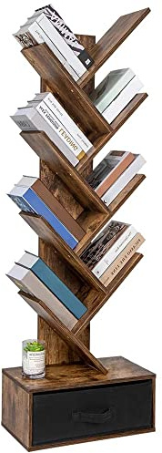 BAKAJI Bücherregal Regal 10 geneigte Regale aus MDF-Holz in Antik-Optik mit Stoffschublade Modernes industrielles Design für Wohnzimmer Zuhause Büro Größe 149 x 38 x 20 cm