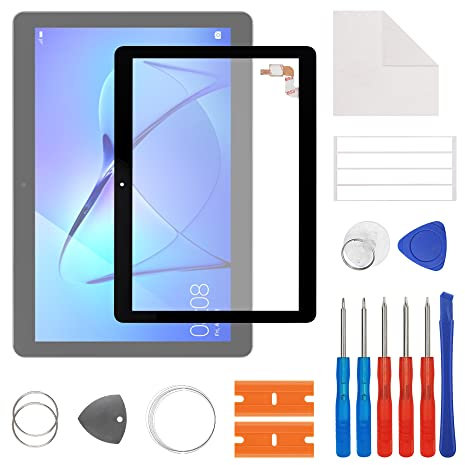 SwarKing Display Glass vetro frontale esterno esterno vetro di ricambio incl. connettore compatibile con Huawei MediaPad T3 10 & Huawei AGS W09 9,6 pollici (nero)(no schermo LCD)con kit di riparazione