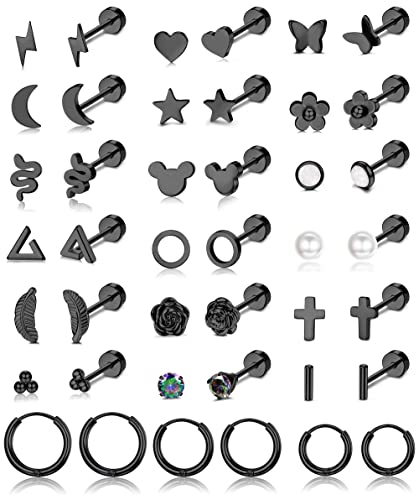 MILACOLATO 18-21 Paar Helix Piercings Knorpel Ohr Piercings Ohrringe Für Damen Tragus Piercing Silber Ohrstecker Edelstahl Damen Edelstahl Moon Star Heart Disc CZ Geometrische Piercing Schmuck