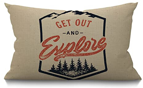BGBDEIA Camping Kissenbezug 30,5 x 50,8 cm Vintage Abenteuer Wort Get Out and Explore with Trees Rectangle Pillow Cases Home Decorative Cotton Linen Throw Pillow Cover for Bed Sofa Red Brown 30x50 cm