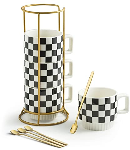 Miamolo Stackable Coffee Mug Set of 4 with Rack and Spoons, Space-saving | 11 oz, Ceramic | Checkered Black and White Pattern | for Coffee Tea Cocoa Milk, Housewarming Gift | Dishwasher Microwave Safe