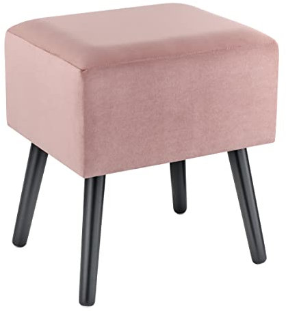 Baroni Home Pouf in Velluto, Panchetto Imbottito, Poggiapiedi con Zampe in Legno 40X33X46 cm Rosa Cipria