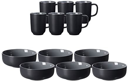 Ritzenhoff & Breker Jasper Brunch Set per 6 persone, nero, tazza da caffè 285 ml, ciotola per cereali ø 14 cm, stoviglie soft touch e smalto colorato opaco