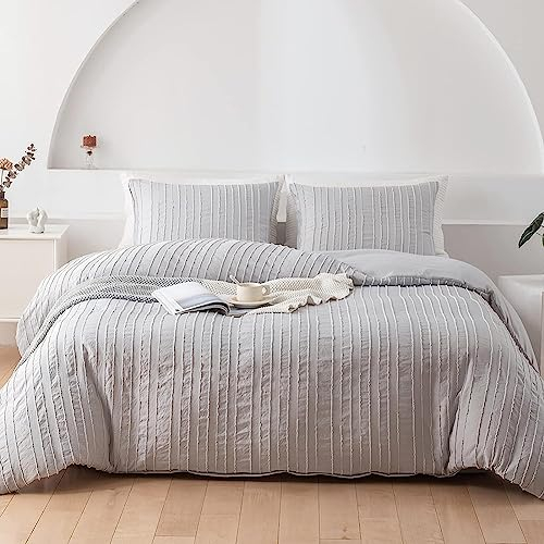 AShanlan Boho Bettwäsche 135x200 4teilig Grau Getuftet Stickerei Gestreift Bohemian Style Bettbezug Super Weich Gewaschene Microfaser Wendebettwäsche Set Reißverschluss und Kissenbezug 80x80 cm