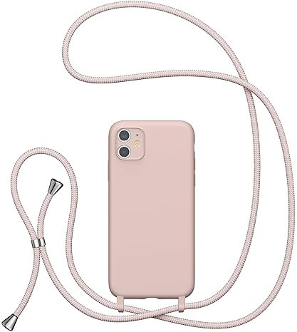 UEEBAI Custodia per telefono con cordino a tracolla per iPhone 12/iPhone 12 Pro da 6,1 pollici, custodia protettiva in silicone morbida antiurto - rosa sabbia