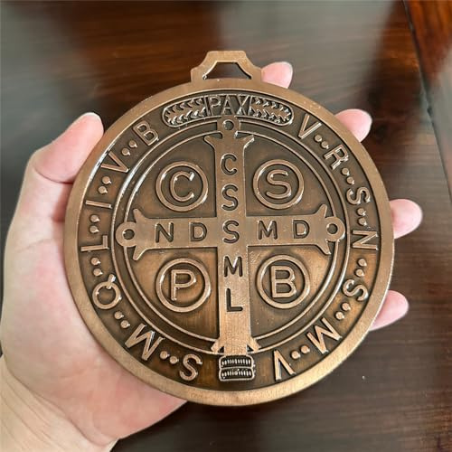 St.-Benedikt-Kreuz mit Medaille, Vintage-Messingoptik, zur Wand- oder Tischdekoration, extra groß, 12,7 cm (Messing)