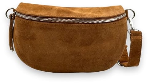 Wildleder Bauchtasche Damen Crossbody Bag Velours Gürteltasche Hüfttasche Bodybag Schultertasche Silberner Reißverschluss (Cognac)