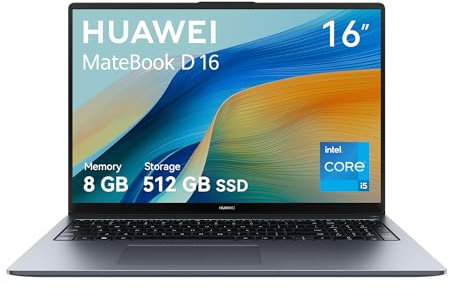 HUAWEI MateBook D16 Laptop, Pantalla FullView de 16 Pulgadas, Procesador Intel Core i5, 8GB de RAM, 512GB SSD, Windows 11 Home, Cuerpo Ligero de 1,68 kg, Space Gray, Versión en Español