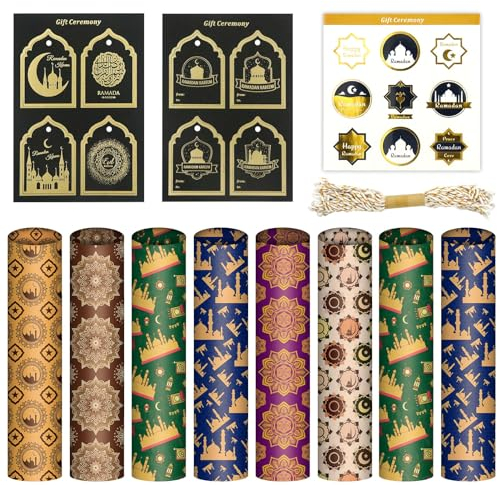 8 Blatt Eid Mubarak Ramadan Geschenkpapier Ramadan Dekoration Packpapier Mit Mond-Stern-Muster Inklusive Geschenkanhänger&Ramadan Sticker&10m Baumwollfaden Geschenkpapier Für Islamische Muslimische