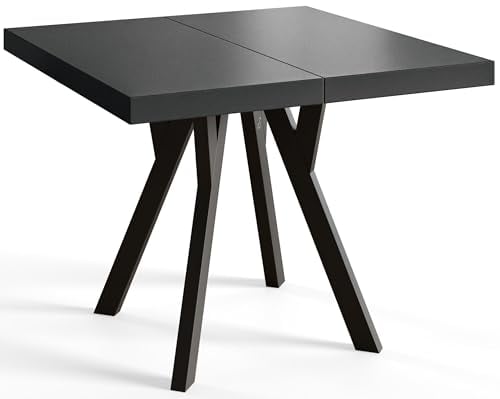 Quadratischer Esszimmertisch RICO, ausziehbarer Tisch, Größe: 120-220X120X77 cm, Wohnzimmertisch Farbe: Schwarz, mit Holzbeinen in Farbe Schwarz