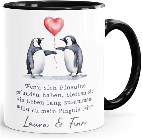 SpecialMe® Tasse Liebe Liebeserklärung Heiratsantrag Pinguin Paar Spruch personalisiert Namen Ein Leben lang Weiss-innen-schwarz standard