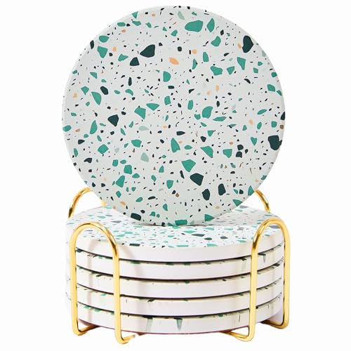 Green Terrazzo Getränkeuntersetzer mit Halter 6er Set, Keramik Untersetzer für Getränke, Couchtisch Dekor, Wasserabsorbierender Steinuntersetzer für Getränke (Salbei)