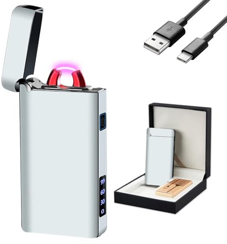 GADATOP Encendedor de Llama de Plasma ARC Resistente al Viento, Encendedor eléctrico Recargable USB-C con indicador de batería LED (Gasa emplumada Plateada)