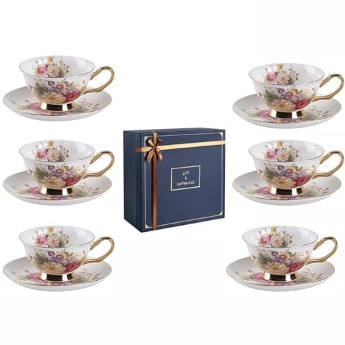 HSTWODE-12 Stück Europäischen Blumen Tee Set,Bone China Tee Set Service Kaffee Set, 9 Optionen.Mit Geschenkbox. (Mehrfarbiges Blumenmuster)