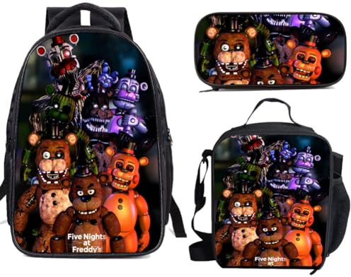 Hamender FNAF Schulranzen-Rucksack, 3-teiliges Set, Elementarspiel-Cartoon-Schulrucksack, 3D-Druck, Lunchtasche, Federmäppchen für Jungen und Mädchen, Schule, Typ 2, Einheitsgröße, Anime