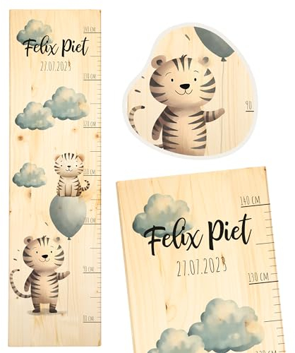 Geschenkfreude Messlatte Kinder personalisert 80-140cm - mit Tiger als Dekoration fürs Kinderzimmer - personalisierte Messlatte Kinder Holz - individuelles Geschenk zur Geburt Junge und Mädchen