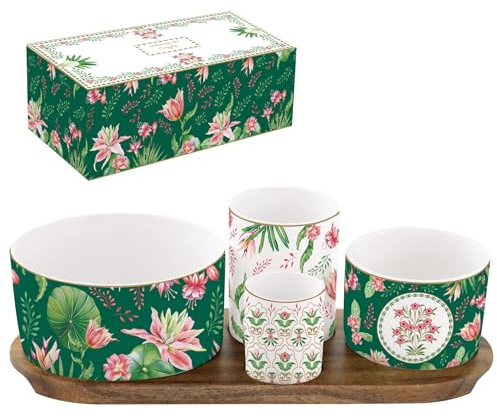 COFFRET APERITIF 4 COUPELLES SUR PLATEAU ACACIA 29X13CM BOTANIC CHIC