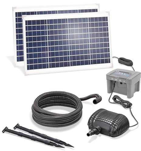 esotec Solar Bachlaufset 70 2800, LiFePO4 Akku, Bachlaufpumpe 2800 l/h, Erdspieß, Solarmodule 70 Watt, Solarbrunnen Vogeltränke, Komplettset, DIY Springbrunnen, Wasserspiel, außen, 101942