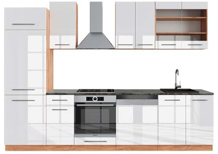 Vicco Küchenzeile Fame-Line, Weiß Hochglanz/Goldkraft Eiche, 300 cm, AP Anthrazit, geeignet für individuelle Modul-Erweiterung und Flexible Anordnung
