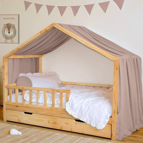 Hausbett Himmel Deko Set, Betthimmel Hausbett aus Musselin - 1 Betthimmel & 1 Wimpelkette, für Jungen Mädchen Deko für Kinderzimmer, Baldachin Kinderzimmer Deko I 135 x 360cm Beigerosa