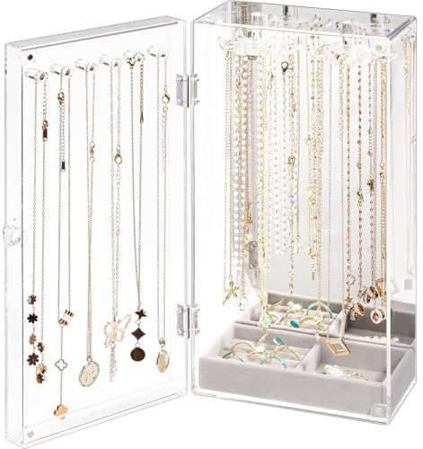Lolalet Necklace Holder Organizer, Acrylic Jewelry Organizer with 24 Hooks, Rotating Clear Necklaces Display Box with Built-in Mirror, Dust-proof Jewelry Storage Case with Velvet Tray - Clearmirror
