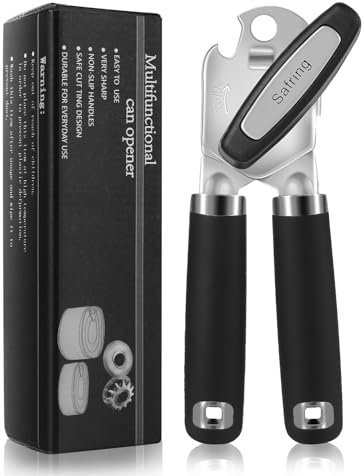 Safring Apriscatole manuale, resistente, portatile, resistente, con manico morbido al tatto, lama affilata, bordo liscio, apriscatole con apribottiglie multifunzionale, nero