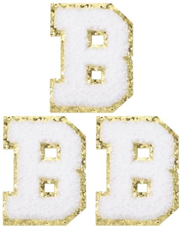 PATIKIL Iron on Letter Patches, 3 Pack Chenille Glitters Letter Patches Embroidered Patch for Repairing Jeans Clothing Bags Hats Shirts Craft, White, Alphabet B