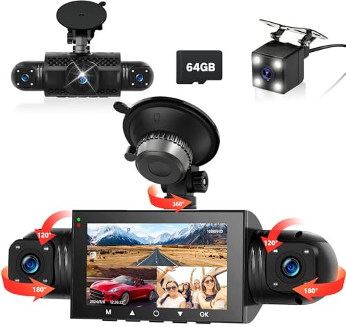Podofo 360° Dash Cam Front and Rear Inside,4 Channel 3 IPS Touchscreen Dash Cam Front and Rear Inside Left Right,4*1080P Dash Camera with Night Vision,Loop Recording,G-Sensor,24 Hours Recording+64G