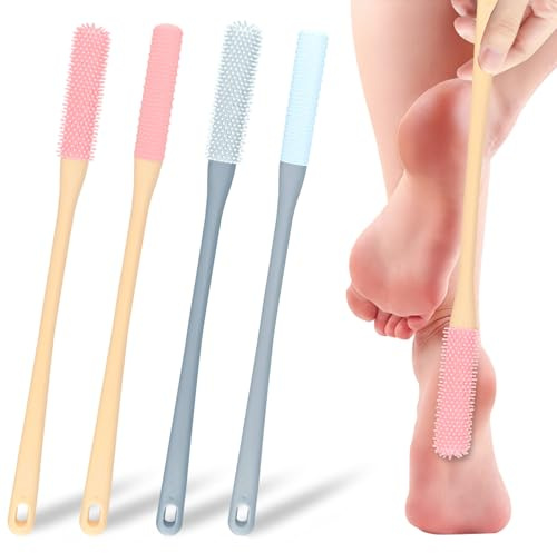 Huakaile 4 Pack Toe Cleaning Brush Set, Silicone Foot Scrubber in Shower with Long Handle, Feet Cleaner for Gap Lotion Women Men Elderly Massage Exfoliating (Gray, Pink, 4 Pack)