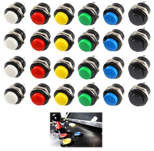 Mini momentary Push Button Switch, 24 unidades Redondo Pulsador 16 mm, Autorestablecible, Rojo, Verde, Amarillo, Azul, Blanco, Negro, 3 A 250 V AC, 2 polos para coche, juegos y aplicaciones