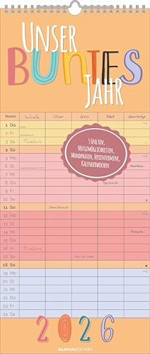 Alpha Edition - Unser buntes Jahr - 5 Spalten - Familienplaner Kalender 2026 – Familienkalender 20x45 cm – Bunter Terminkalender für Familienorganisation – Feiertage (DE/AT/CH)