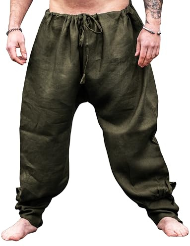 Leonardo Carbone® Wikinger Leinenhose Herren Wodan - Herren Hosen, Leichte Sommerhose Herren, Festival Outfit, Wikinger, Mittelalter Kleidung, LARP, Cosplay, Freizeithose - 100% Leinen Oliv 3XL