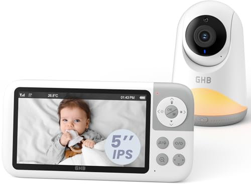 GHB Camara Vigilancia Bebe 5 720P HD IPS Rotación de 350° Vigilabebes con Camara con Luz Nocturna Ajustable Soporta 4 Cámaras Comunicación Bidireccional Escucha Bebes