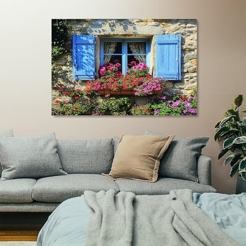 Generisch Großes Leinwandbilder Bilder 60x120cm Poster Blaue Fensterläden Steinmauer Kunstdrucke Wanddekoration, Modern Bilder Wohnzimmer Leinwand Deko für Schlafzimmer, Ohne Rahmen