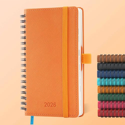 IN-LUXPRO Kalender 2026: Taschenkalender A6 Klein 16,4x9,6cm Ringbuch Buchkalender Terminplaner 2026 Wochenplaner Notizbuch,12-Monate(Jan.-Dez.)mit 100GSM Papier & Stiftschlaufe PU-Leder Orange Farbe