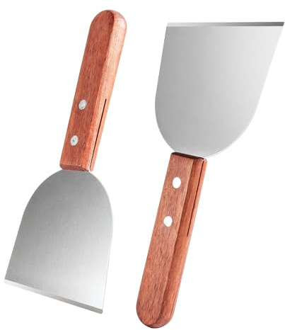 2 PCS Griddle Scraper Set, Stainless Steel BBQ Scraper, for Pizza Dough, Pancakes and Food Service, Dishwasher Safe, Heat-Resistant Solid Wood Handle, Ideal for Indoor/Outdoor Cooking