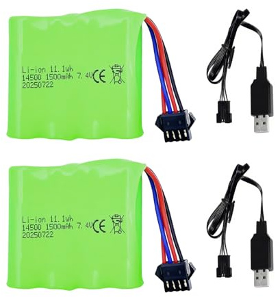 7,4V 1500mAh Li-ion Akku mit SM-4P-Stecker und Ladekabel für Ferngesteuerte Autos DE36W DE65 1803 1809 1:12 Monster RC Truck Baggy Crawler RC-Spielzeugauto Batterie (2 Stück)